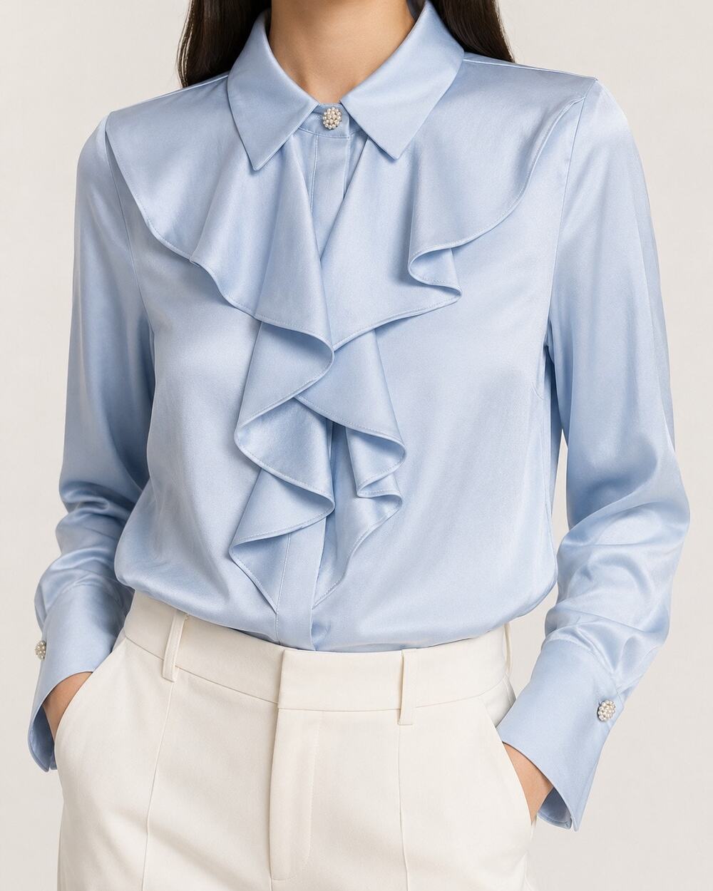 ZARA Light Blue Satin Ruffle Blouse Pearl Detail Long Sleeve Size S NWT